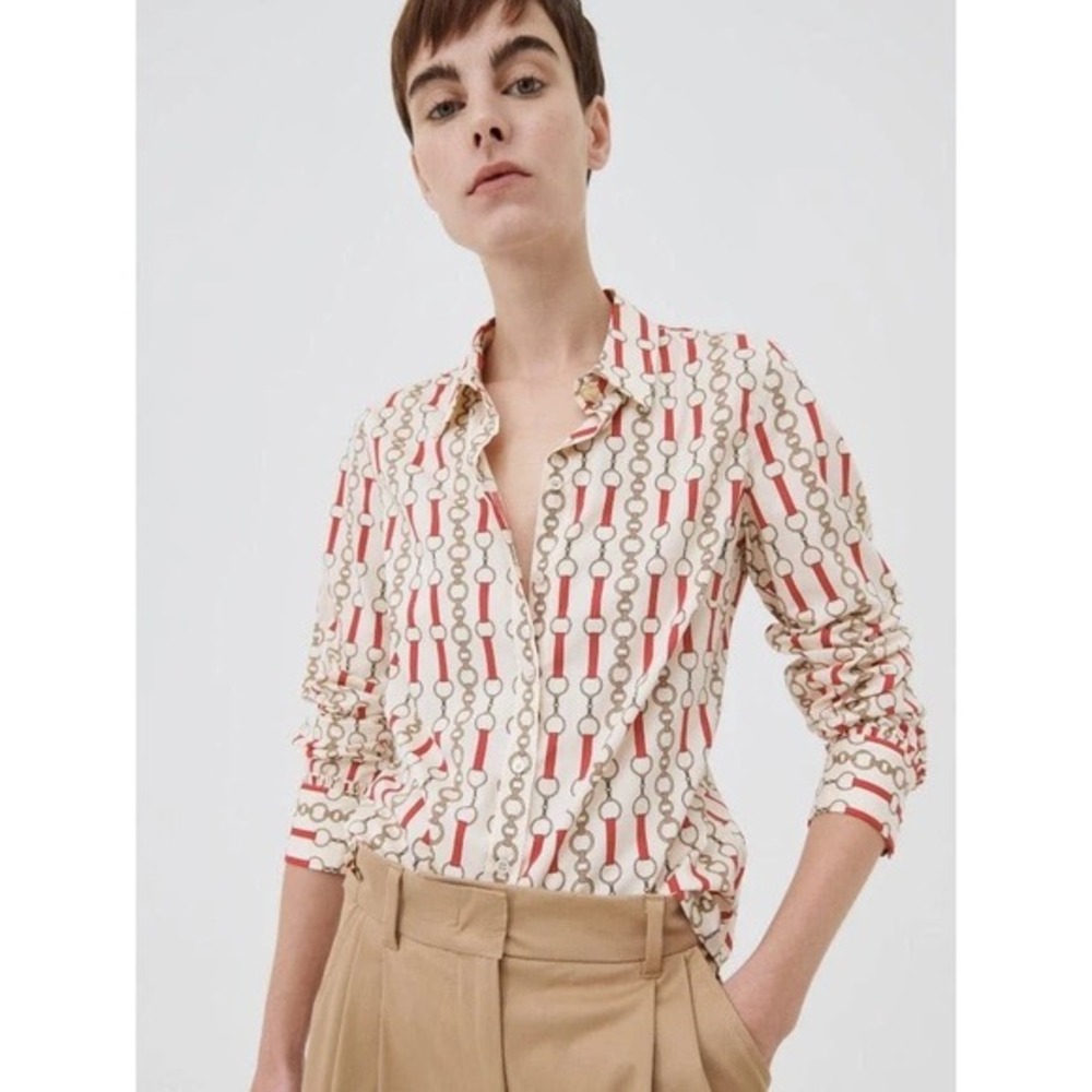 Marella Red Gold Chain Link Print Button Down Top Blouse